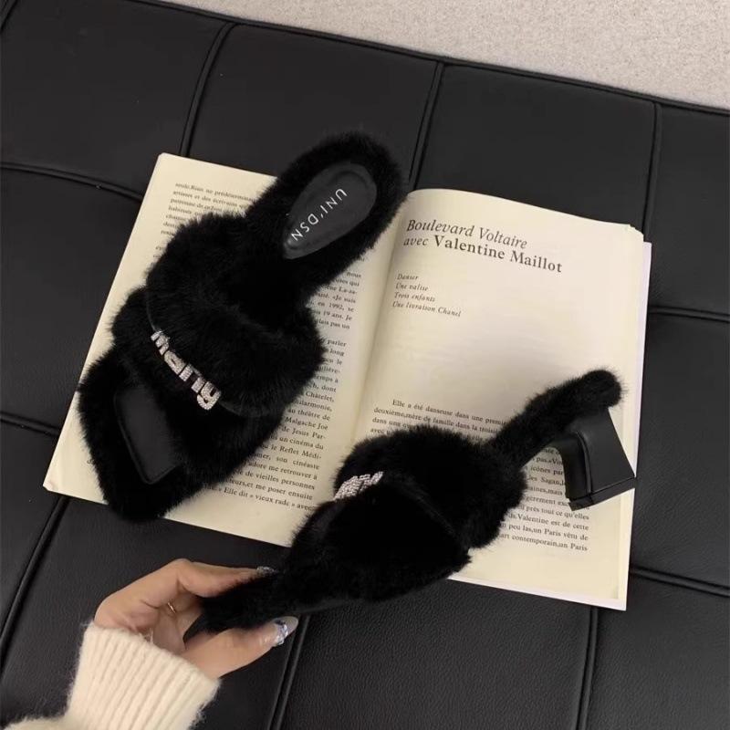 Thick heel fluffy slippers women's outer wear 2025 new spring and autumn high-end temperament gentle fairy style high heels cotton drag