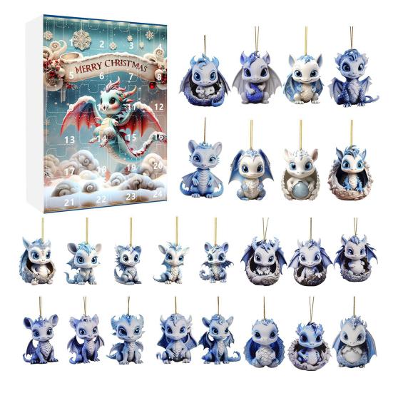 Christmas Countdown Calendar 24 Acrylic Dragon Pendant Set Xmas Gift Box Indoor/Outdoor Hanging Decoration