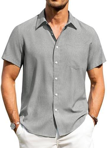 Alimens & Gentle Men's Linen Shirt Short Sleeve Button Up Shirt Wrinkle Free Casual Vacation Beach Summer
