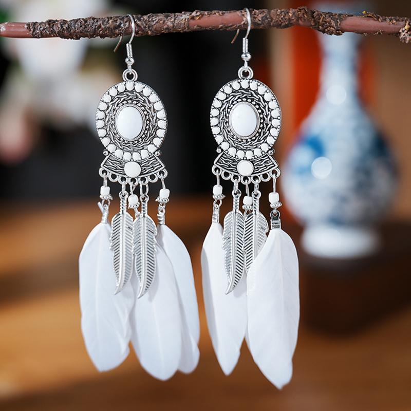 Modische Böhmische Bunte Federohrringe für Damen Ethnischer Stil Lange Geometrische Ohrringe Damen Schmuck Accessoires Geschenk