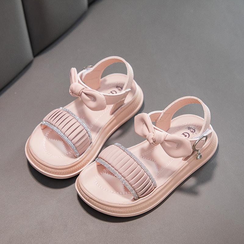 

Пляжная обувь для девочек Сладкая плиссированная Простые банты Детские сандалии Блестящие кристаллы 2025 Лето Новая Детская обувь принцессы Нескользящая Мягкая подошва 27 розовый