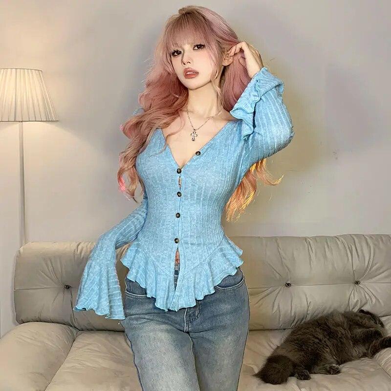 VAYLA Korean Style Sweet Hot Girl Sexy Flare Sleeve Cardigan Women's Solid Color V-neck Thin Slim Top Fashion Female Clothes