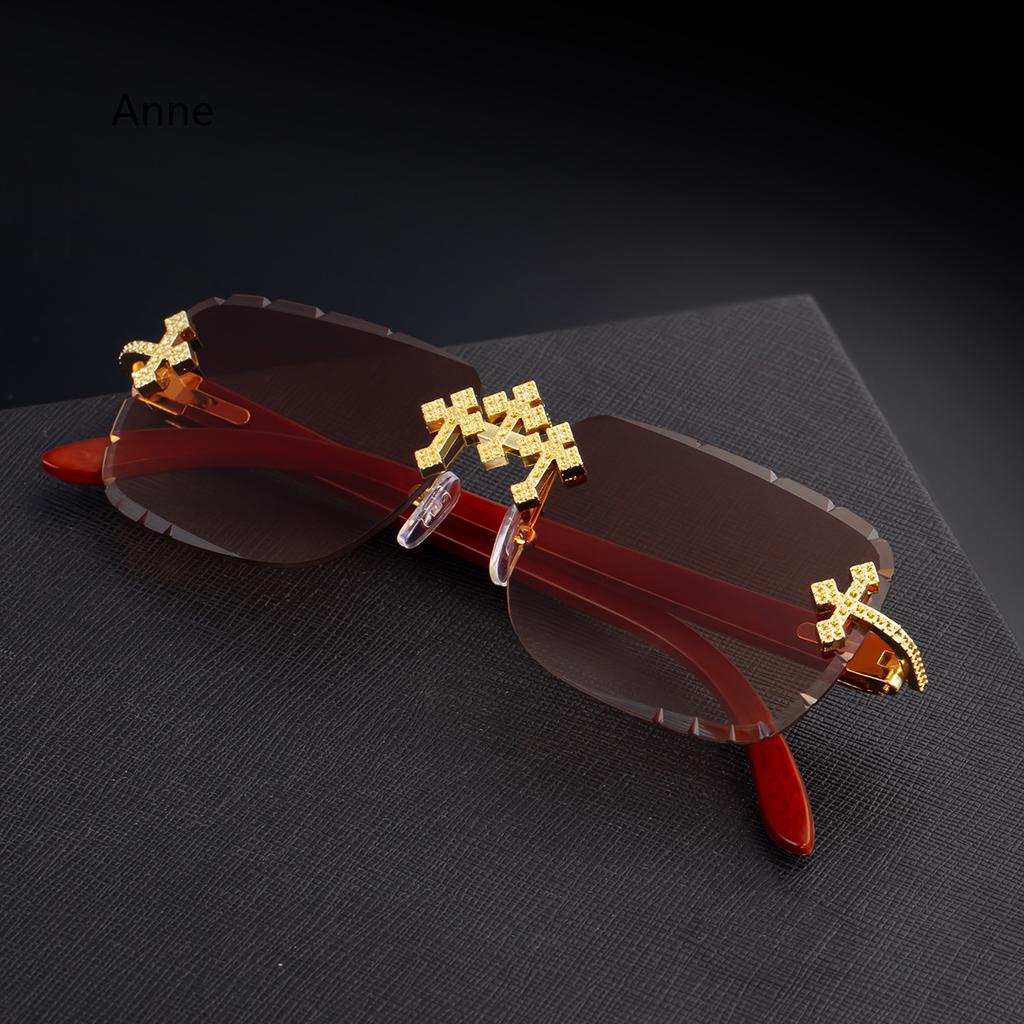 Punk New Men's Retro Square Rimless Sunglasses Cross with Diamond-Cut Edges Gradient Shades Imitation Wood Grain Women Glasses