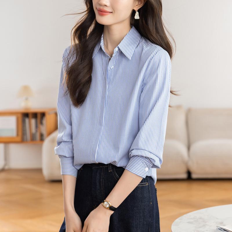 

Blue Striped Cotton Blouse - Women s Long Sleeve Professional Top, Autumn 2025 Collection Medium