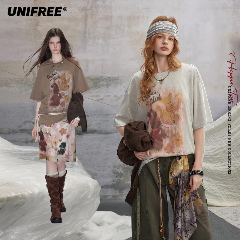 UNIFREE 2026 Spring American Street Style Graphic T-Shirt L