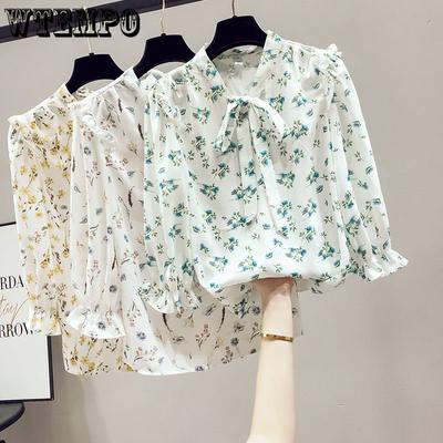 Camisa feminina de verão, blusa feminina de chiffon com manga 7/4, camisa floral