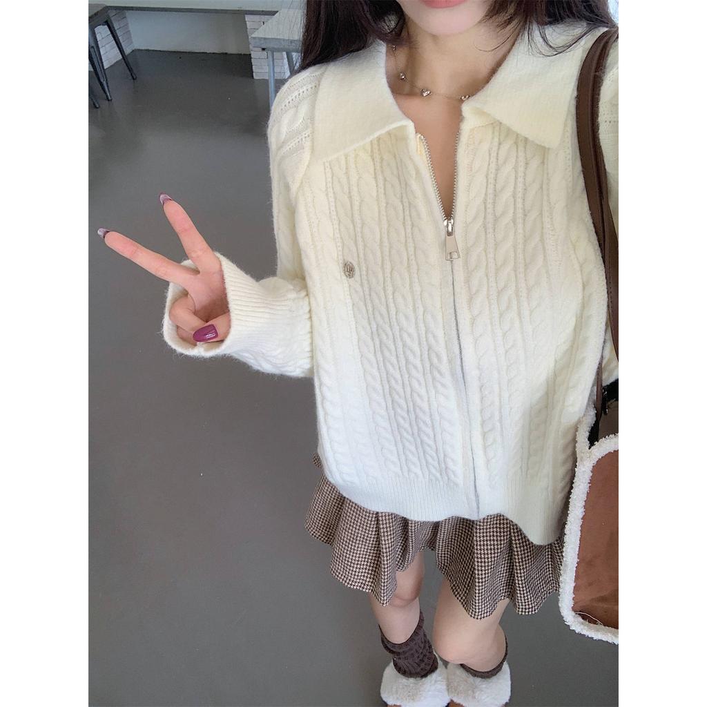 Vintage olo lapel twist zipper sweater cardigan women's autumn and winter college style long-sleeved top jacket