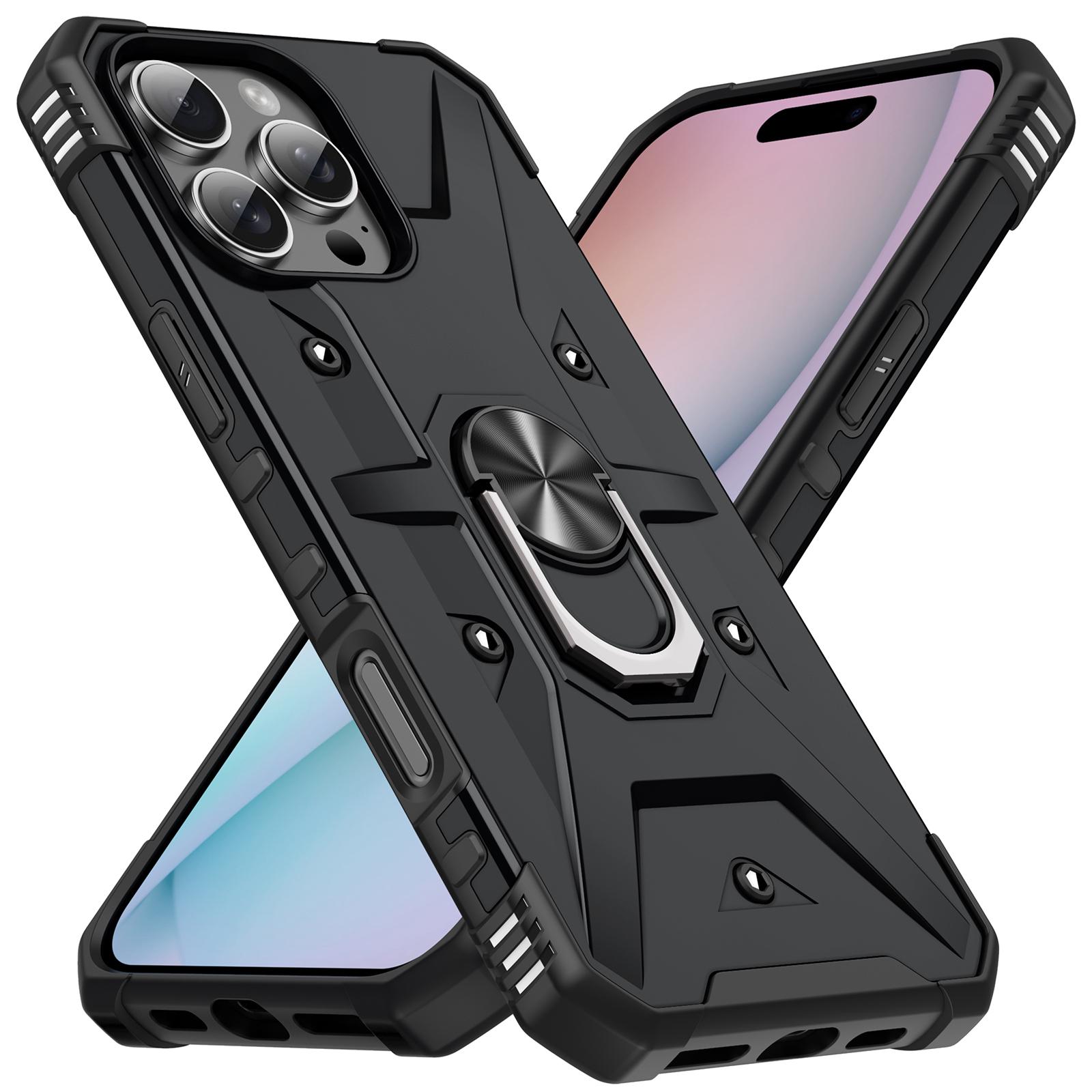 

For iPhone 16 Pro Case PC+ TPU Anti-Drop Phone Cover with Ring Kickstand Black