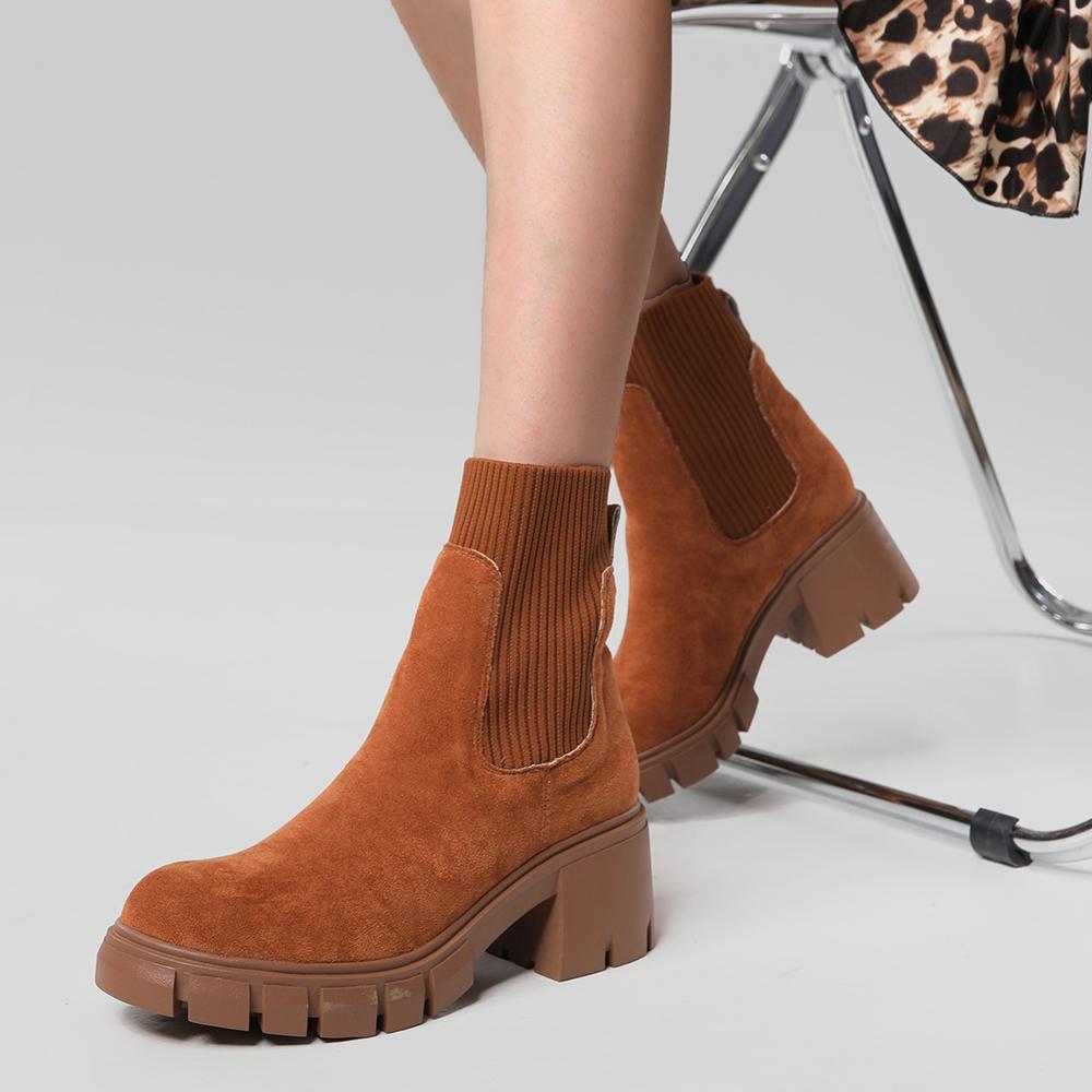 Gdgydh Wildleder-Damen-Chelsea-Stiefel mit Profilsohle, elastischen Sock Booties, zum Hineinschlüpfen, Winter-Plateauschuhe mit mittelhohem Absatz