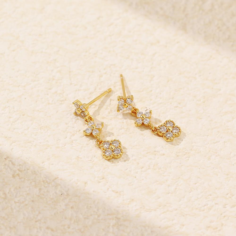 NEW Fashion Jewelry 925 Sterling Silver Flower Pattern Long Tassel Chain Small Zircon Gold Plated Stud Earring Jewelry for Women