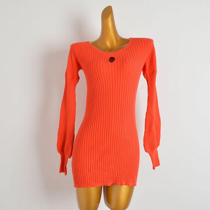 

Export Sexy Sexy Tight-Fitting Solid Color Midi Knitted Bodycon Dress Women s Cut Out Stylish Long Sleeve Dress Orange One size