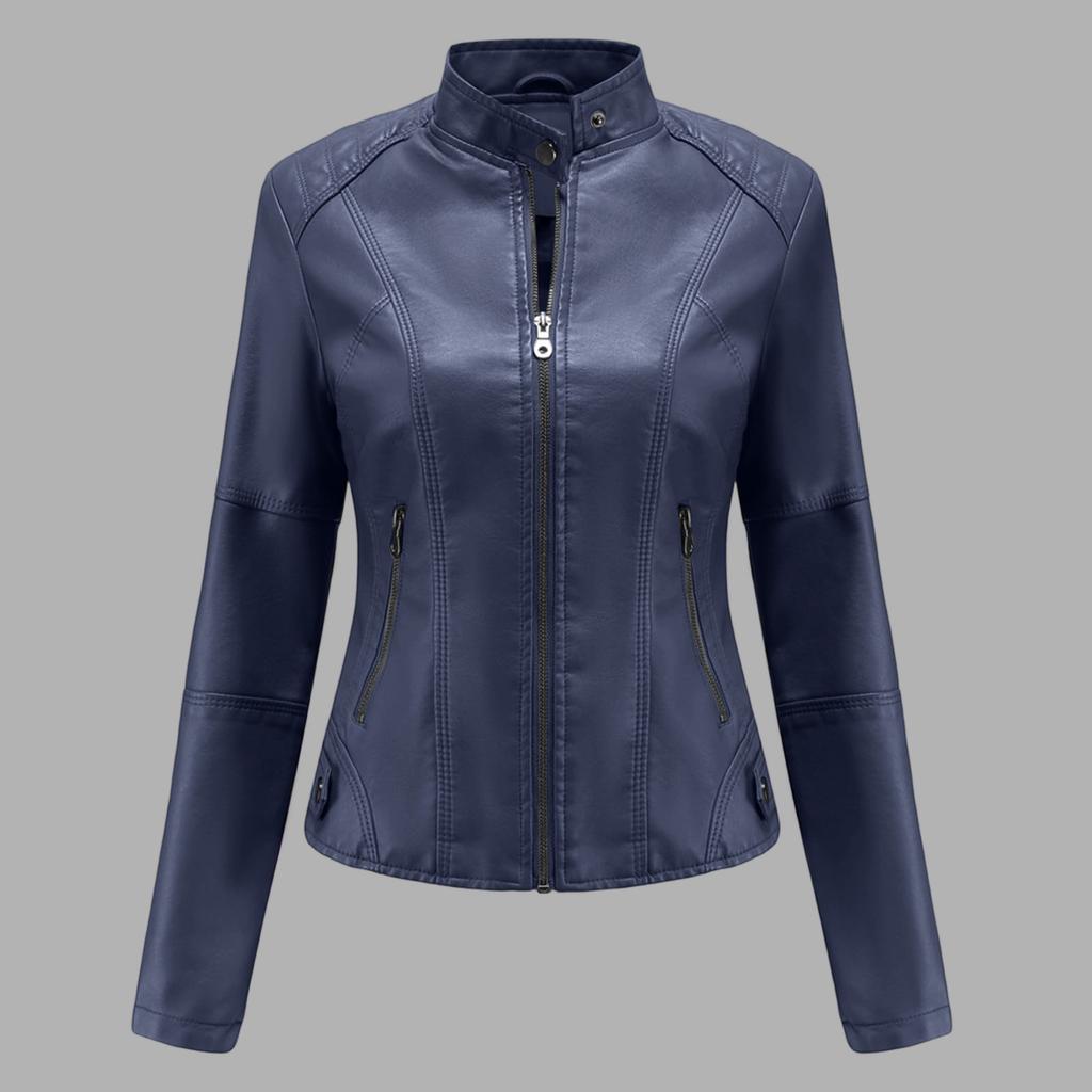 Women's Casual Fashion Slim Fit Thin Motorcycle Large Size Stand Collar Leather Jacket