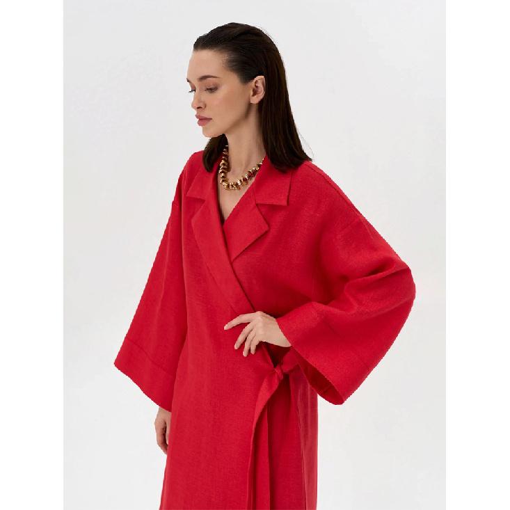 Sommer Neues Damen Stilvolles Rotes Leinen Wickel Maxi Kleid Revers Kimono Ärmel Gürtel Lange Robe Elegantes Schickes Kleid