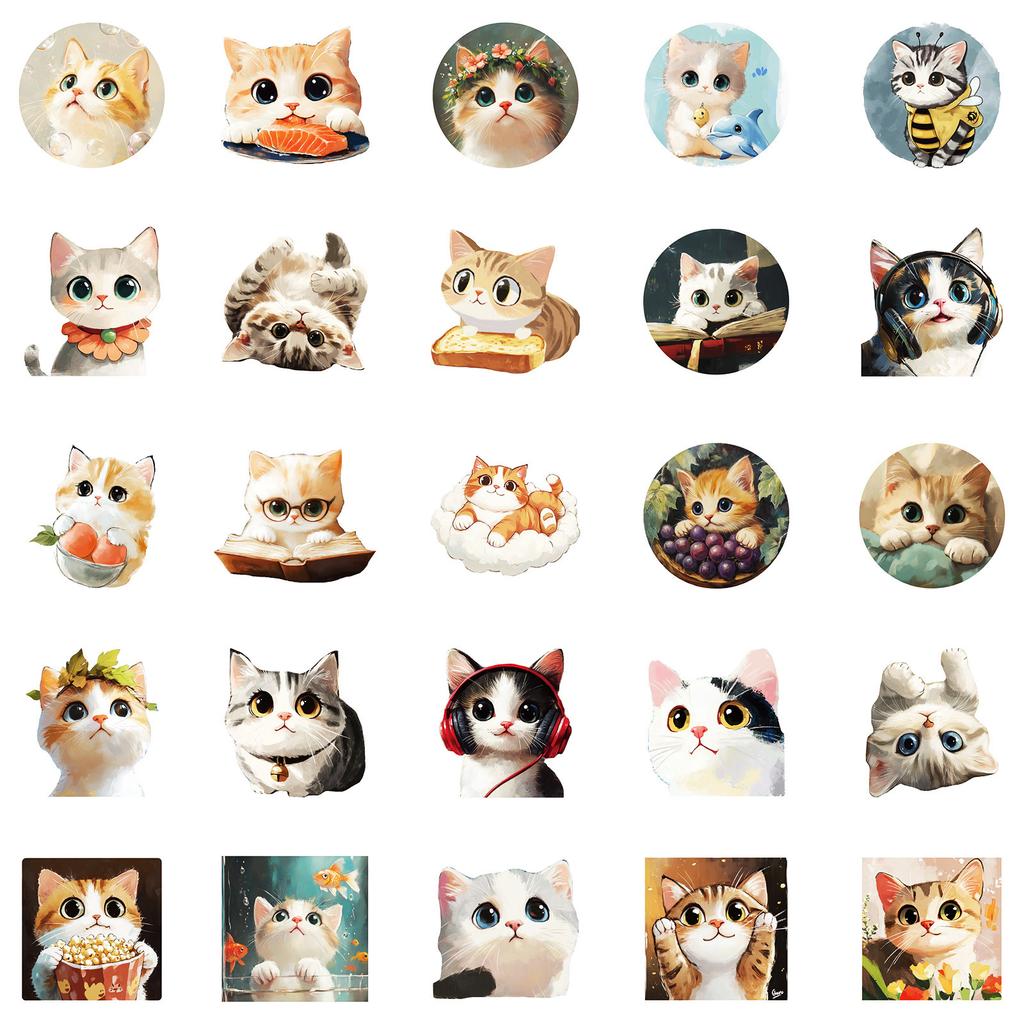 50 Oil Paintings Cat Graffiti Stickers Cute Round Face Kitten Waterproof Decorative Stickers DIY Refrigerator Skateboard Flat Board