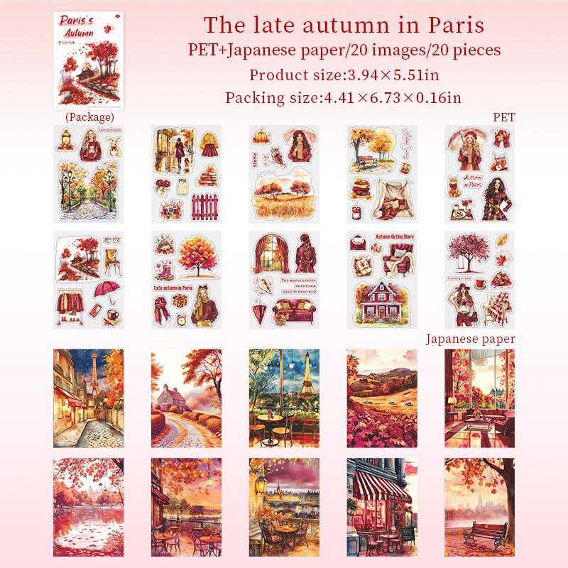 

20 Sheets Paris Autumn Series Travel Theme Dual Material Sticker Book For DIY Scrapbooking Photo Frame Collage Decoration