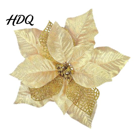 Multi Layered Fabric Flower Decorations Red Gold Poinsettia Artificial Flower Large Glitter Christmas with Clip Xmas Festive Party Floral Decor Tree