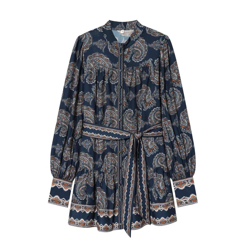 2026 Spring Women's Waist Tie Long Sleeve Printed Dress - European & American Style