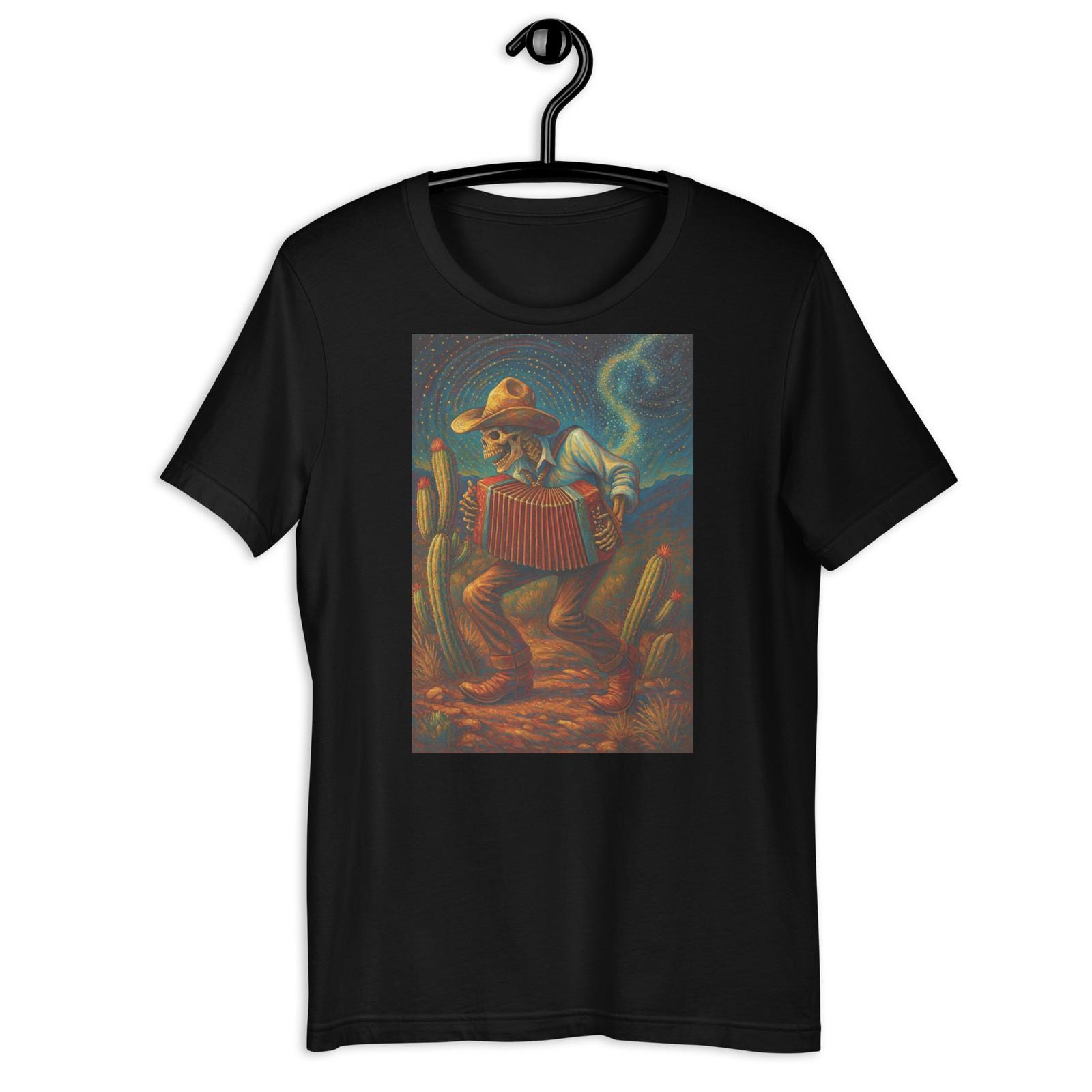 Skeleton Accordion Player Desert Cowboy Mexican Folk Art T-Shirt S