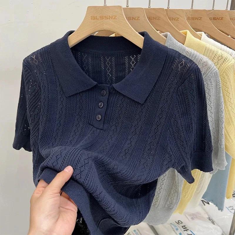 Women's Summer Solid Short-Sleeve Top with Lace-Up Collar Knit Sweater