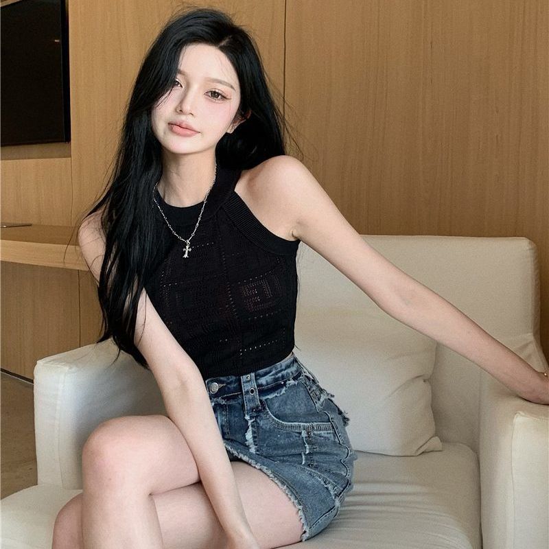 Halter Camisole Tank Top Women's Knitted Inner Wear Summer Elegant Sexy Hollow-out Slim Fit Versatile Short Top