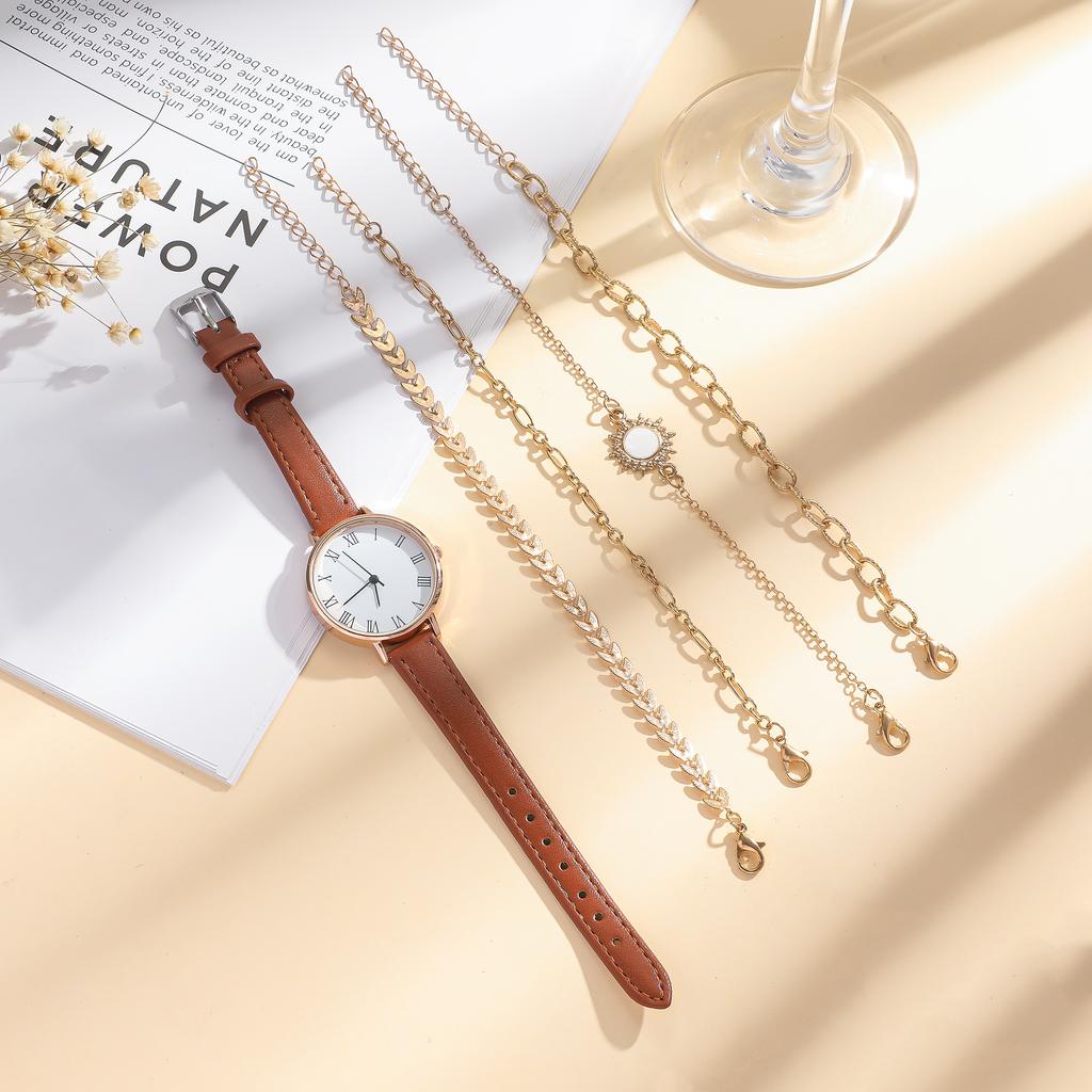 5pcs/set new simple versatile women's leather belt quartz watch bracelet five-piece set suitable for birthday gifts