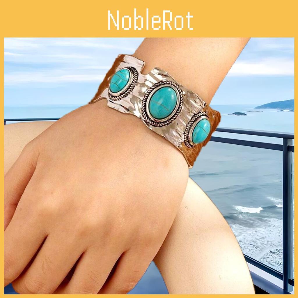 Ethnic Style Alloy Hand Jewelry With Turquoise Open Wide Bracelet For Women