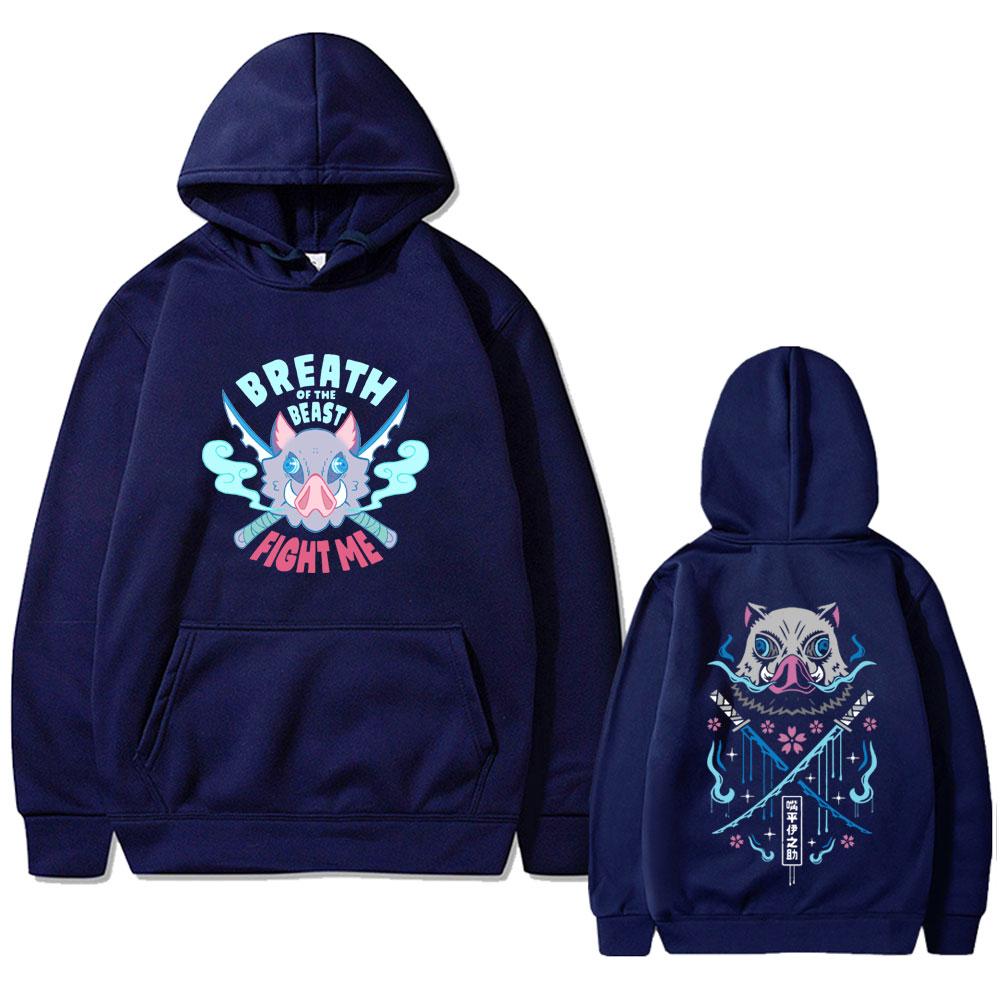 Anime Demon Slayer Hashibira Inosuke Mask Face Graphic Hoodie Men Women Casual Cotton Vintage Pullover Men's Fashion Streetwear