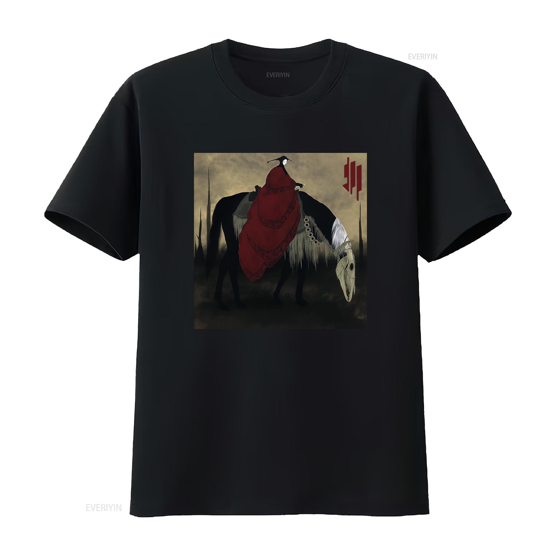 

Skrillex Quest For Fire Premium T Shirt Unique Gothic Design with Mysterious Rider and Skull Horse Print vintage Washed 4XL