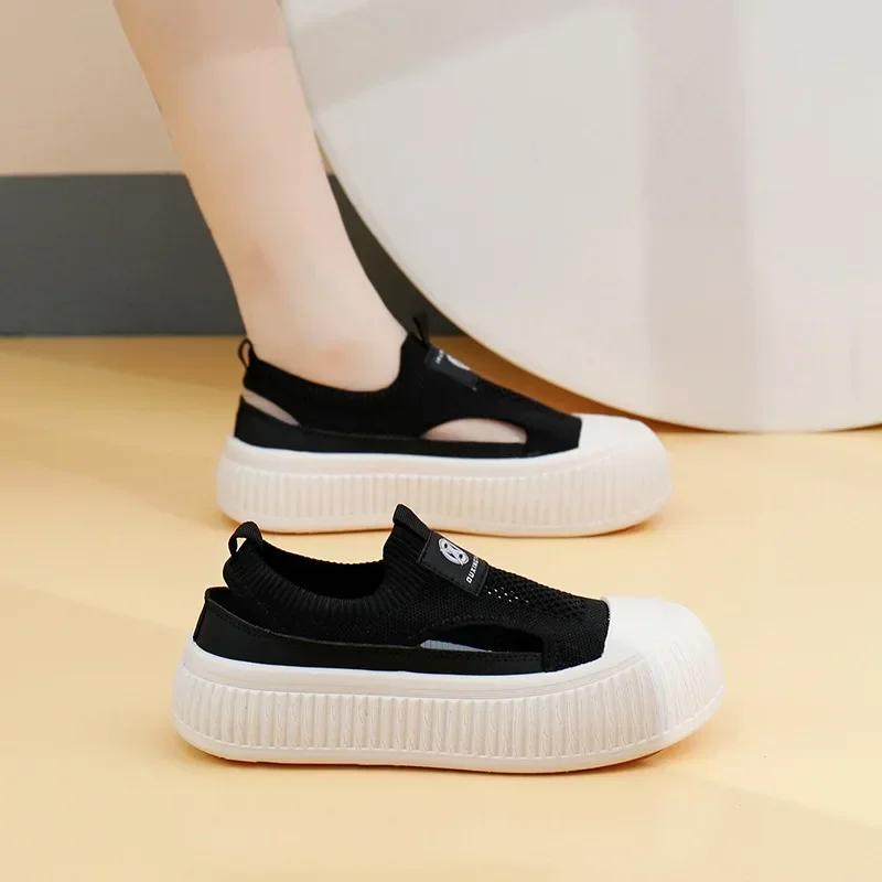 New Korean Mesh Hollow Out Breathable Flat Shoes White Casual Platform Knitted Shoes Sneakers Zapatillas Mujer 2025