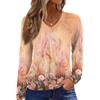 Dámský ležérní módní top s výstřihem do V, raglánovými rukávy, plisováním a květinovým potiskem, s dlouhým rukávem