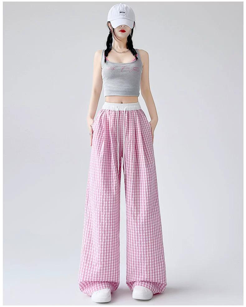 Song Zhengen Women’s High Waist Light Blue Plaid Wide-Leg Summer Pants