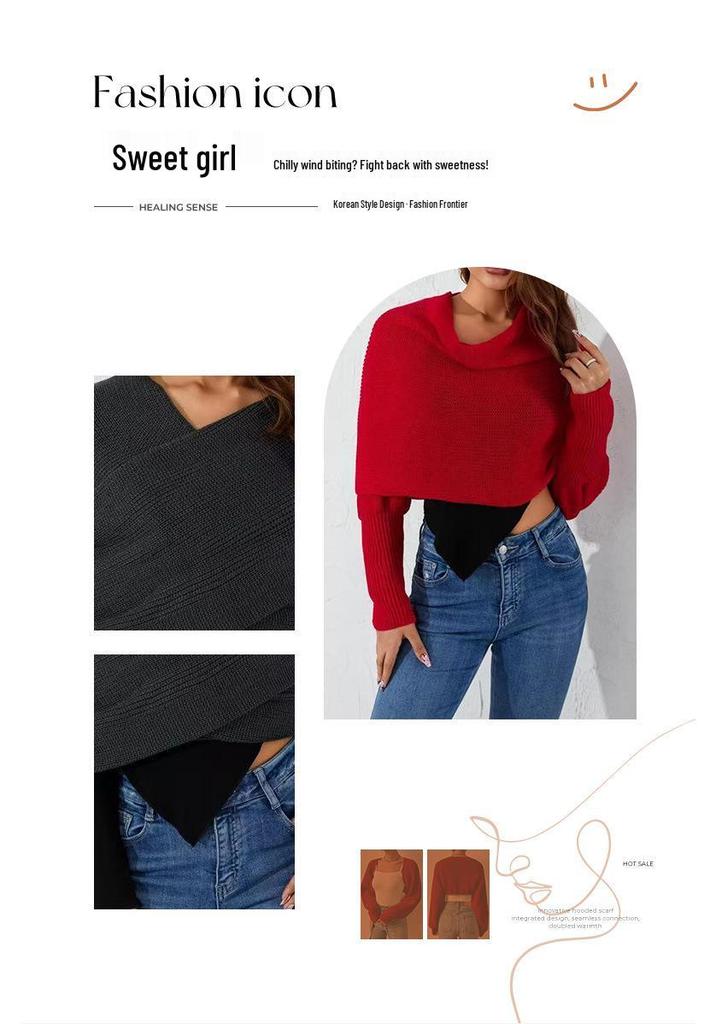 European & American Double Sleeve Off-the-Shoulder V-Neck Knit Scarf for Women