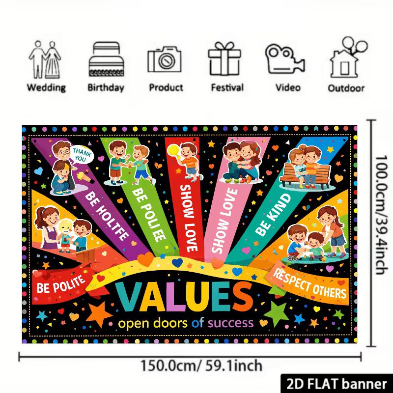 2D Positive Values Backdrop, Kids School Classroom Character Education Photo Booth Banner