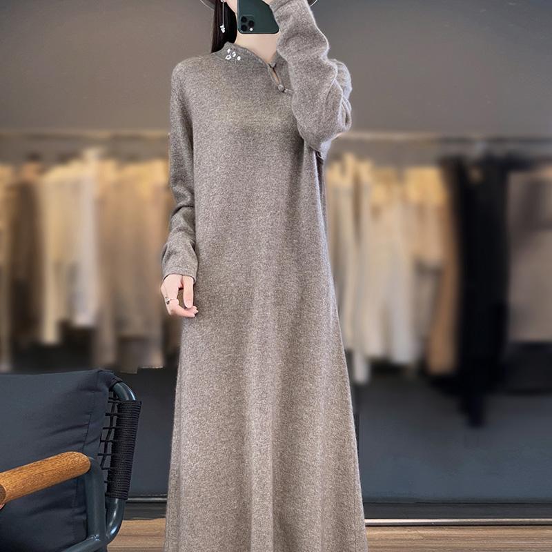 Women's Cashmere Dress Qinghe Cashmere 70% Wool 30% Cashmere Women's Autumn and Winter Cashmere Dress Soft and Warm
