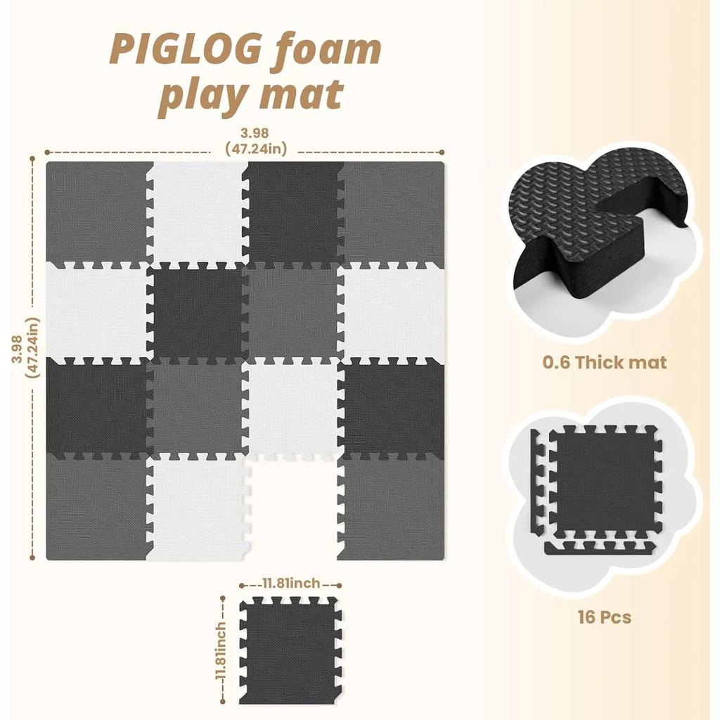 16 Pcs Baby Play Mat for Floor, EVA Foam Baby Play Mat with 0.6 Inch Thick Interlocking Carpet Tiles,Foam Floor Tiles for Babies