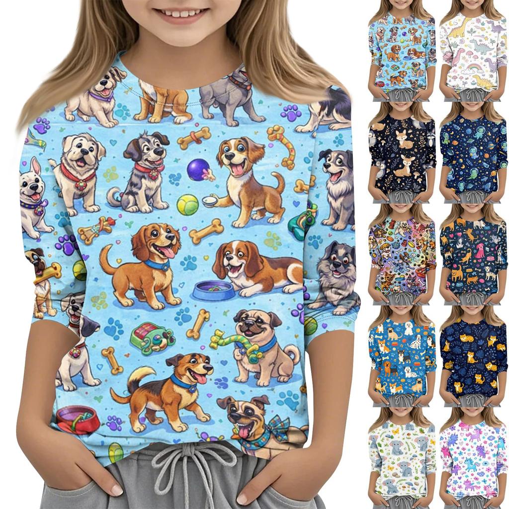 Children's Printed Round Neck Seven Quarter Sleeve Casual T-shirt