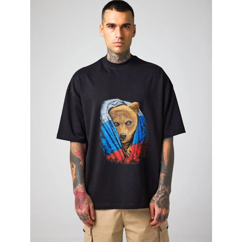 

White T-Shirt Bear Wrapped in Russian Flag Print Casual Wear for Men and Women Streetwear Fashion Statement Top XXXXL чёрный