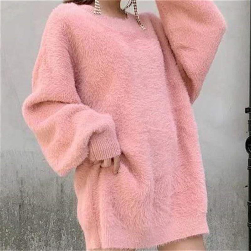 Women's Korean Style Loose Mink Cashmere Pullover Sweater - Candy Color, Thickened, Autumn/Winter Knit