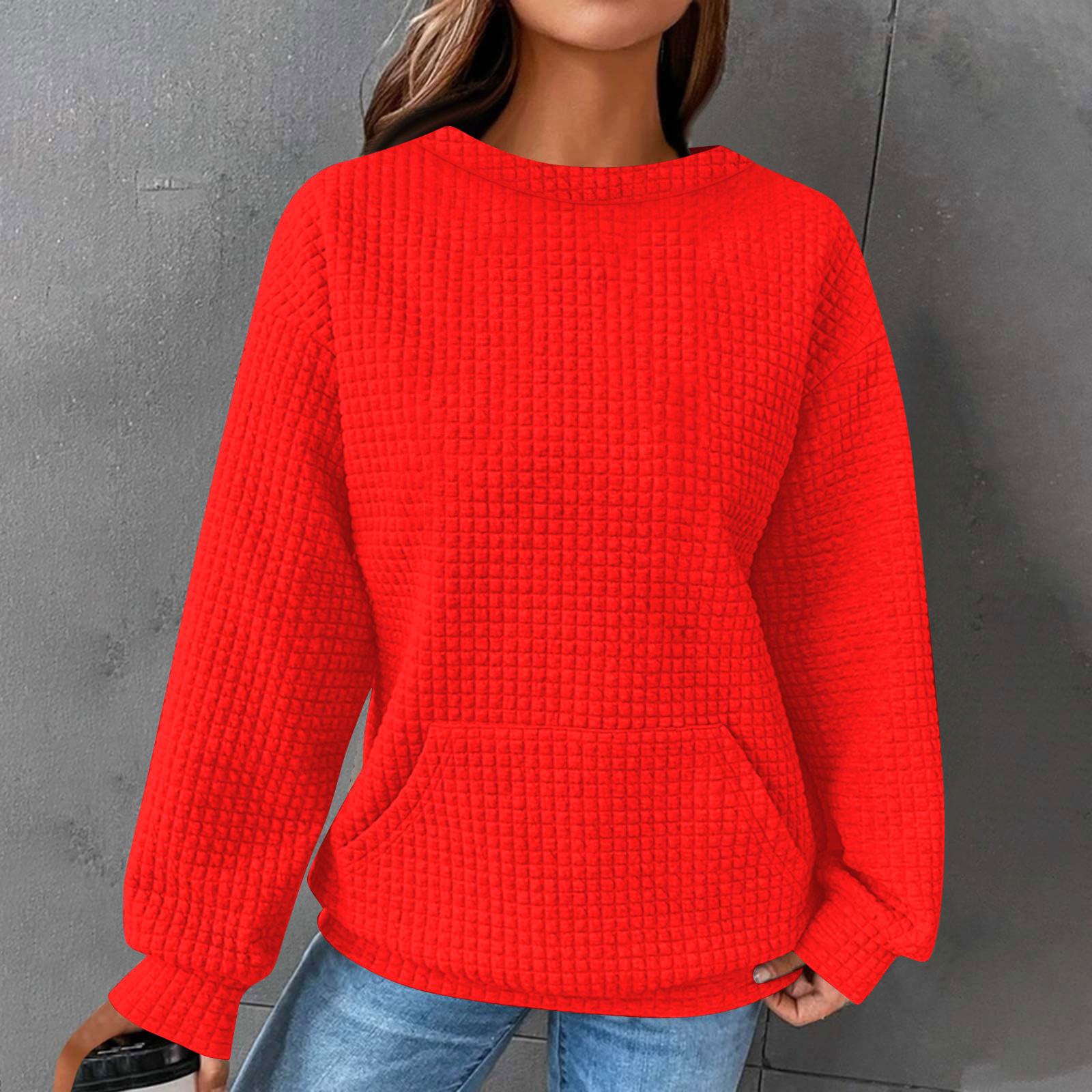 

Женская мода повседневная однотонная толстовка с круглым вырезом и длинным рукавом, свободный свитер с карманом, топ M красный