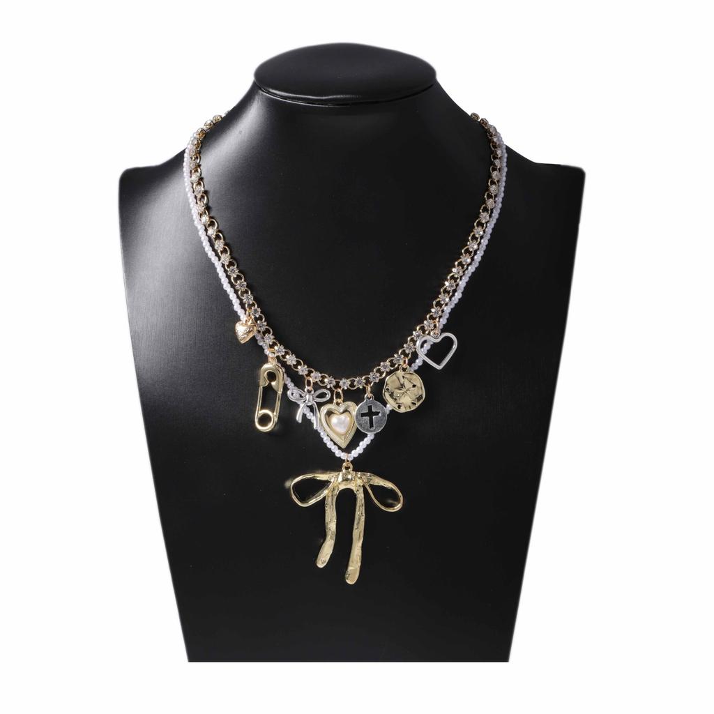 Fashion niche creative design sense double-layered alloy bow pendant necklace versatile temperament model