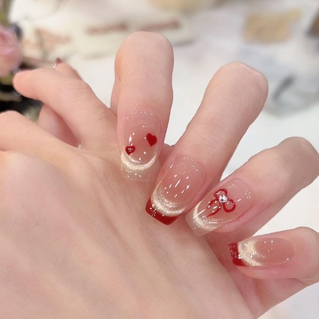 Valentine's Day Sweetheart French Cat's Eye Wear Nail, Bow Point Diamond Detachable Wear Nail Art, Spot