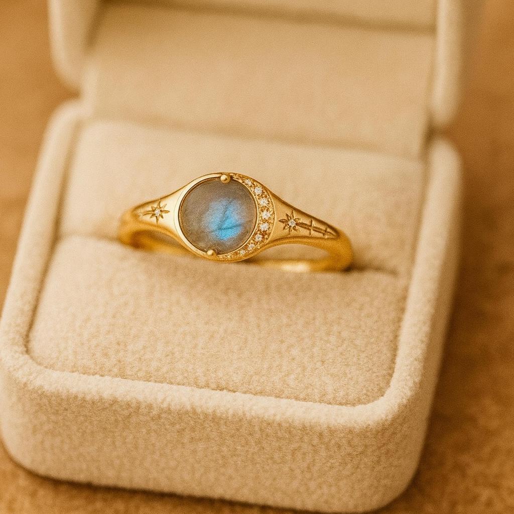 Himmlischer Labradorit-Ring für Damen | Vergoldeter Mondstern 925 Sterlingsilberring mit Zirkonia | Versprechen, Hochzeit, Jubiläumsgeschenk