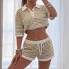 Women's Two Piece Set Short Sleeve Polo Shirt High Waist Drawstring Shorts Casual Lounge Wear Striped Pattern Summer Outfit