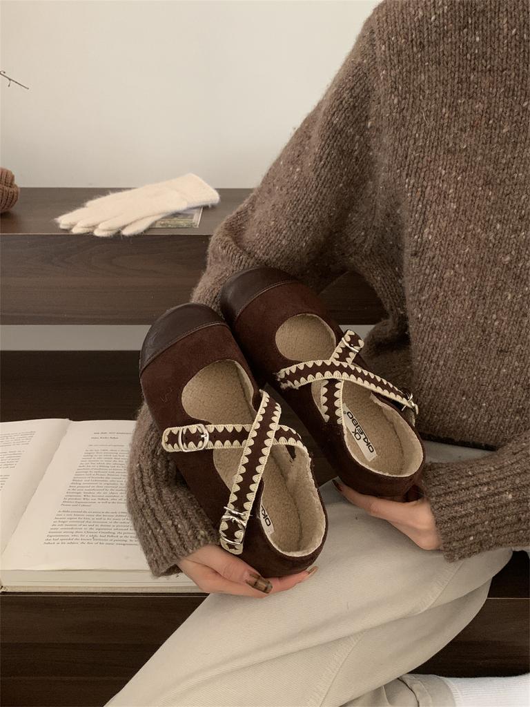 Fleece Single Shoes Female Autumn and Winter New French Temperament Fairy Ballet Gentle Evening Suede Flat Mary Jane Shoes