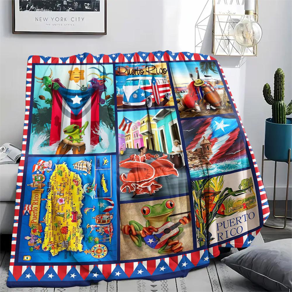 1Pc Puerto Rico Print Flannel Blanket, High quality Comfortable for All Seasons, Home Decor, Warmth and Comfort, Perfect for Christmas Gifts