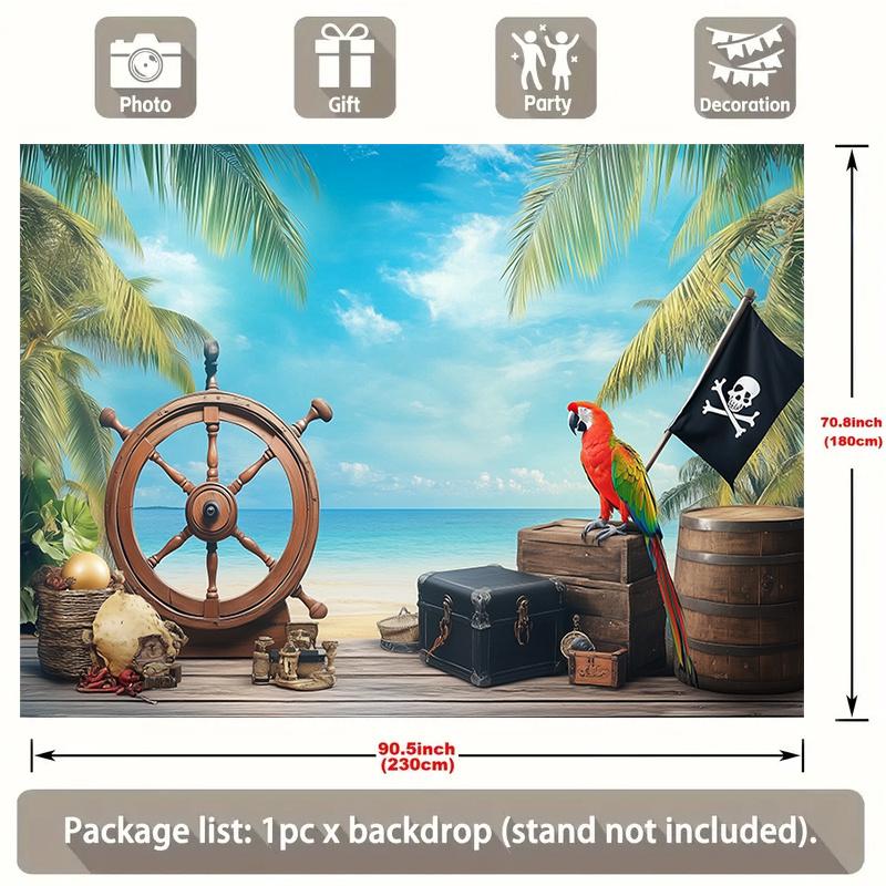 1 Piratenschatzkarten-Hintergrund - Banner für eine Party mit Meeresmotto mit Schatztruhe, Papagei und Holzrädern Piraten-Geburtstag