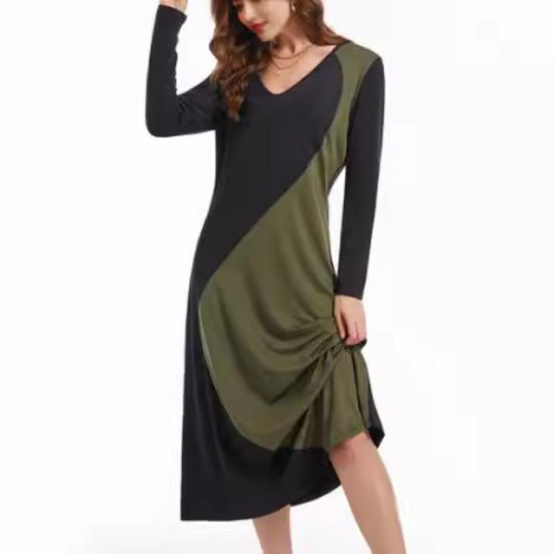 Spring and Autumn Women's Collision Splicing V-neck Long-sleeved Dress Temperament and Elegance Dress