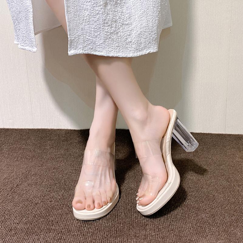 Transparent High Heels Sandals Women's 2025 New Summer Wear Crystal Thick Heel Waterproof Table Large Size Sandals