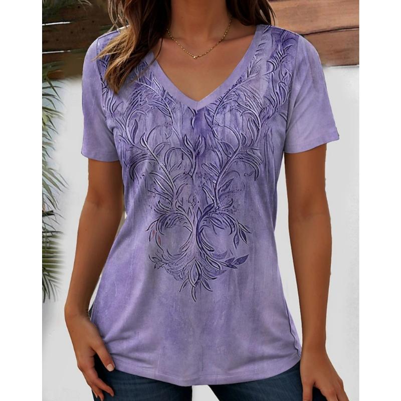 Harajuku Wind Ladies V-neck T-shirt Summer Outdoor Casual Short Sleeve Tops Retro Street Flower Print OverSize Women's Clothing