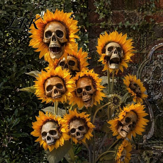 Halloween Lawn Decoration Sunflower Skull Ornament, Theme Garden Decor, Potted Resin Flower Pot Plant Waterproof Outdoor Decoration, for Patio